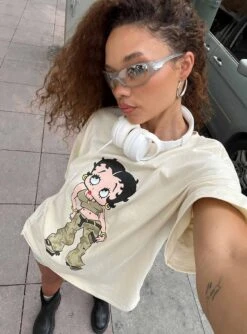 Princess Polly Betty Boop Camo Girl Oversized Tee Beige