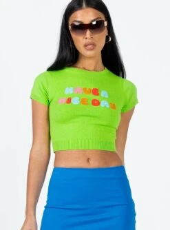 Princess Polly Have A Nice Day Knit Tee Green -Polly Clothing Shop 1 modelinfo christy us2 6f218bec da55 45e1 811c 5fa7178ab159