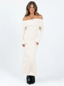 Louden Off The Shoulder Maxi Dress Cream -Polly Clothing Shop 2 modelinfo elise us2 2fb85b34 38b0 4d39 9493 0ed3ca553980