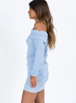 Princess Polly Highfield Off The Shoulder Mini Dress Blue -Polly Clothing Shop 3 modelinfo elise us2 9c4b4c01 db7b 4465 b77e f2e2ebd3ac95