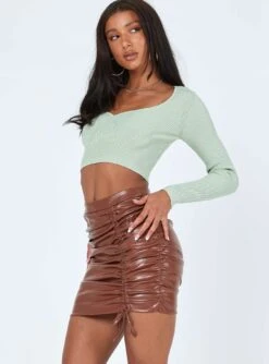 Princess Polly Davis Ruched PU Mini Skirt Brown -Polly Clothing Shop 3 modelinfo kiele us2 89673dee ec0a 42ad 9756 8b3bd44089a7